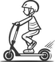 A black and white drawing of a person riding a scooter vector