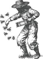 Beekeeper with a box of bees, vintage engraving illustration vector