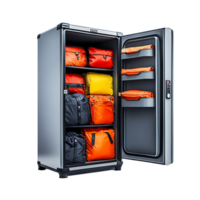 A modern, sleek travel locker with a secure combination lock, standing open with travel bags neatly placed inside, isolated on transparent background png