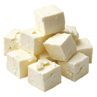 Several cubes of feta cheese, slightly crumbly with visible moisture, isolated on a transparent background png