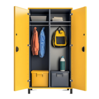A school locker with multiple shelves and hooks for organization, featuring a backpack, water bottle, and jacket hanging inside, isolated on transparent background png