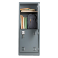 A classic metal school locker with a combination lock, slightly open with books and a backpack inside, isolated on transparent background png