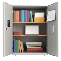 A modern school locker with a digital keypad lock, clean and organized, featuring textbooks, notebooks, and a laptop, isolated on transparent background png