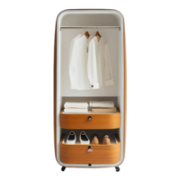 A minimalist travel locker with sleek lines, featuring a pull out drawer for shoes and small items, isolated on transparent background png