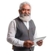 An older man with a beard and vest holding a tablet png