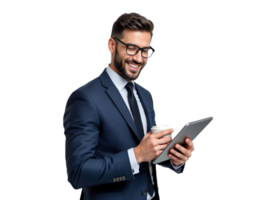 A man in a suit holding a tablet computer png