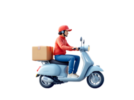 A delivery man on a scooter with a box on transparent background png
