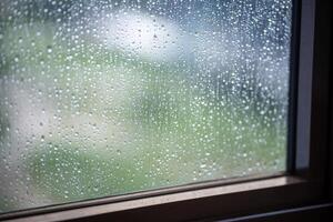 Rain droplets slide down windowpane, sunlight glimmers faintly outside. Overcast weather, depression photo