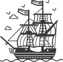 A black and white illustration of a ship with flags vector