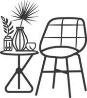A black and white illustration of a chair and table vector