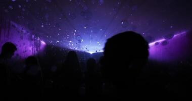 BARCELONA, SPAIN - JULY 27, 2024. Silhouettes of visitors enjoying a purple-lit immersive exhibit at the Balloon Museum Pop Air event, with bubbles floating and creating an ethereal atmosphere video
