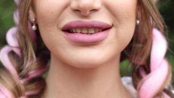 Smiling mouth in close-up. lips smiling in closeup. video