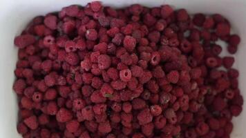 Raspberry Women's hands pour Raspberry from one container to another . video
