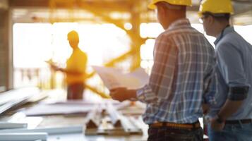 Architect and engineer examine building plans, ensuring quality in construction projects. photo