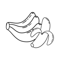 A clean black and white line drawing of a bunch of bananas and a peeled one, showcasing their curved shape and texture with simple, minimalist outlines. png