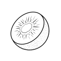 Simple black and white line drawing illustration of fresh kiwifruit cut in half, showing the texture, seeds and unique shape of the fruit in simple outline style. png