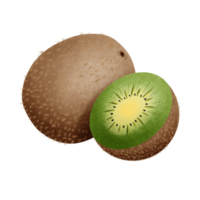 An illustration of a whole kiwi fruit alongside a sliced half. The inside reveals vibrant green flesh with tiny black seeds and a soft yellow center, surrounded by its brown, fuzzy skin. png