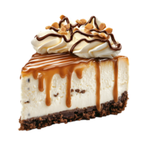 A decadent slice of cheesecake topped with whipped cream, chocolate drizzle, and caramel, resting on a rich chocolate crust. png