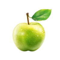 Freshly harvested green apple glistening with water droplets and leaf a perfect symbol of health and vitality png