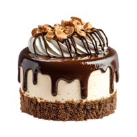 A decadent chocolate cake topped with whipped cream and drizzled in chocolate, featuring a rich cookie crust and crunchy toppings. png