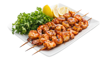 Grilled shrimp skewers with lemon wedges png