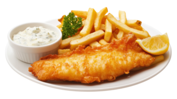 Fish and chips with lemon wedges and dip png