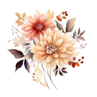 Watercolor painting of a delicate autumnal floral bouquet featuring dahlias and foliage. png