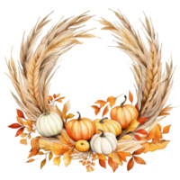 Autumnal Wheat and Leaf Wreath with Berries and Gourd png