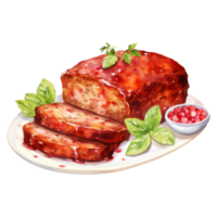 Glazed meatloaf sliced and served with cranberry sauce and basil png
