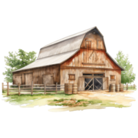 Rustic Wooden Barn with Gable Roof, Surrounded by Fence and Trees png