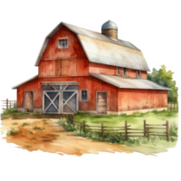 Rustic Red Barn with Gable Roof, Silo, and Wooden Fence in a Pastoral Setting png