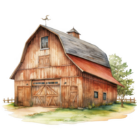 Rustic Wooden Barn with Gable Roof, Weathered Wood, and Small Weeping Tree png