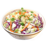 Fresh Coleslaw Salad in a Bowl with Carrot, Cabbage, and Dill Garnish png