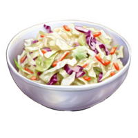 Bowl of vibrant coleslaw with shredded cabbage, carrots, and red cabbage. png