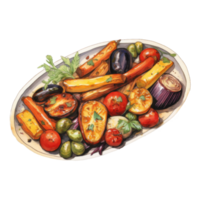 Roasted medley of colorful vegetables arranged on an oval platter. png