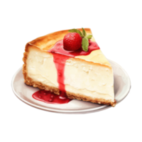 A slice of creamy cheesecake, topped with strawberry and red sauce, served on a plate. png