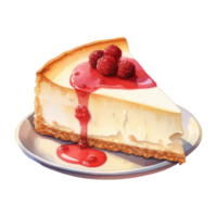 A slice of creamy cheesecake topped with raspberries and raspberry sauce. png