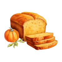 A loaf of pumpkin bread with slices and a small pumpkin. png