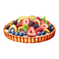 A vibrant fruit tart brimming with strawberries, kiwi, blueberries, raspberries, and blackberries. png