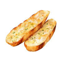 Watercolor Painting of Two Slices of Buttery Garlic Bread with Herbs png