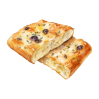 Watercolor Painting of Two Slices of Olive and Herb Focaccia Bread png