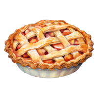 A watercolor painting of a delicious peach pie with a lattice crust. png