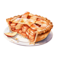 A delectable slice of lattice-topped apple pie, served on a plate. png