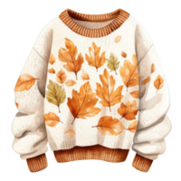 Cream-colored knitted sweater adorned with autumnal maple leaves. png