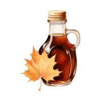 Glass bottle of amber maple syrup with a maple leaf png