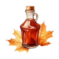 Amber-hued maple syrup in a glass bottle rests on autumn leaves. png
