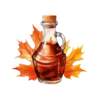 Amber maple syrup in a glass bottle, surrounded by autumn leaves. png