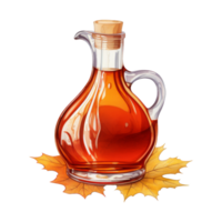 Amber-hued maple syrup in a glass decanter, resting on autumn leaves. png