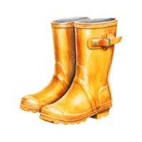 A pair of shiny, yellow rain boots, watercolor style, sitting on wet ground. png