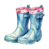 A Pair of Aqua Rain Boots with Floral-Patterned Linings in a Puddle png